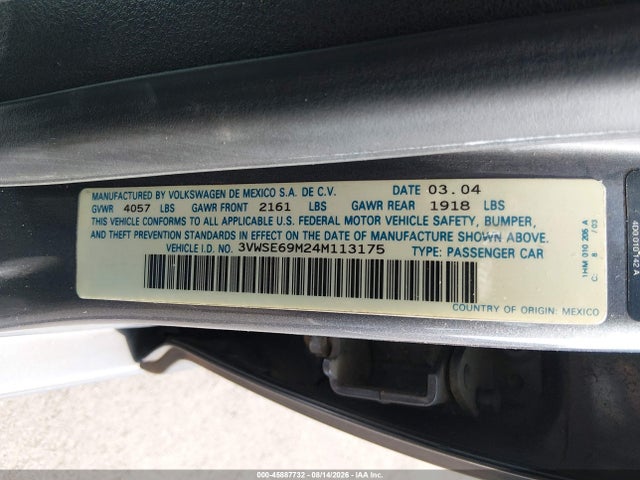 45887732 :رقم المزاد ، 3VWSE69M24M113175 vin ، 2004 Volkswagen Jetta Gli 1.8t مزاد بيع