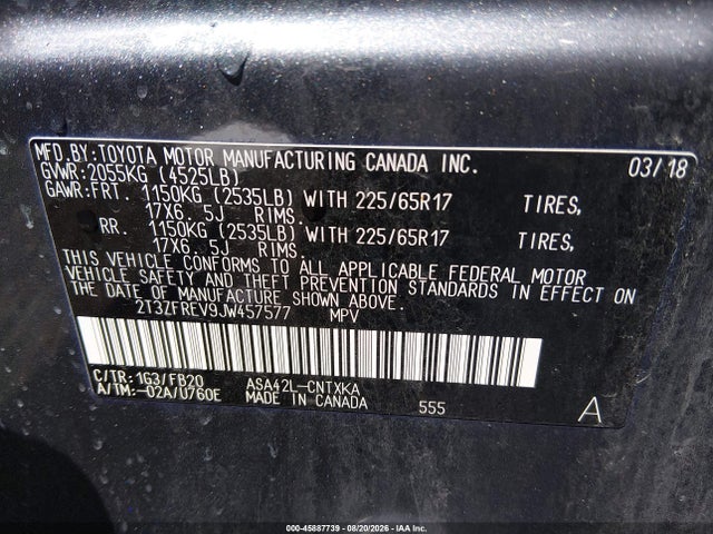 45887739 :رقم المزاد ، 2T3ZFREV9JW457577 vin ، 2018 Toyota Rav4 Le مزاد بيع