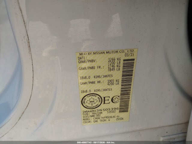 2015 Nissan Titan Pro-4x/s/sl/sv მანქანა იყიდება აუქციონზე, vin: 1N6AA0EC3FN505396, აუქციონის ნომერი: 45887743
