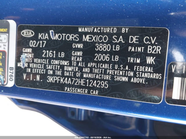 Продаж на аукціоні авто 2017 Kia Forte Lx, vin: 3KPFK4A72HE124295, номер лоту: 45887752