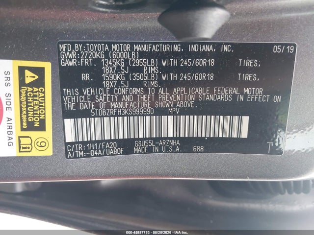 Aukcja sprzedaży 2019 Toyota Highlander Le Plus, vin: 5TDBZRFH3KS999990, numer aukcji: 45887753