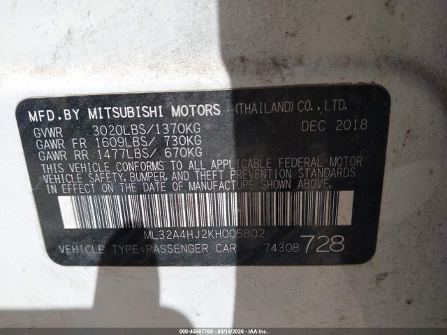 2019 Mitsubishi Mirage Se მანქანა იყიდება აუქციონზე, vin: ML32A4HJ2KH005802, აუქციონის ნომერი: 45887768