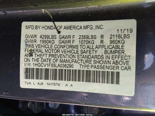 Aukcja sprzedaży 2020 Honda Accord Ex-l, vin: 1HGCV1F55LA036290, numer aukcji: 45887781