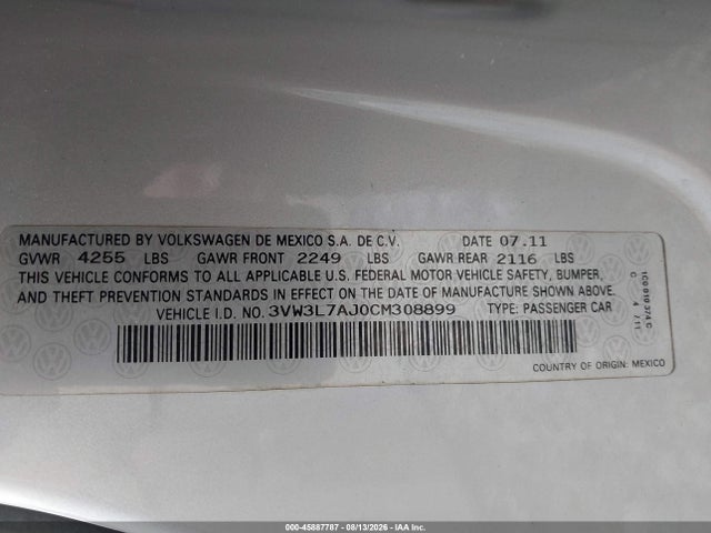 2012 Volkswagen Jetta 2.0l Tdi მანქანა იყიდება აუქციონზე, vin: 3VW3L7AJ0CM308899, აუქციონის ნომერი: 45887787