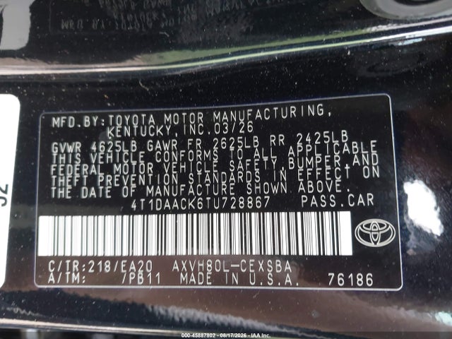 2026 Toyota Camry Se მანქანა იყიდება აუქციონზე, vin: 4T1DAACK6TU728867, აუქციონის ნომერი: 45887802