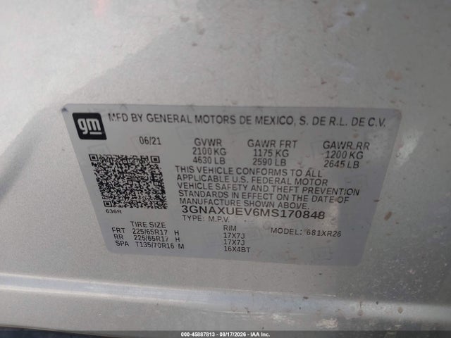 Aukcja sprzedaży 2021 Chevrolet Equinox Awd Lt, vin: 3GNAXUEV6MS170848, numer aukcji: 45887813