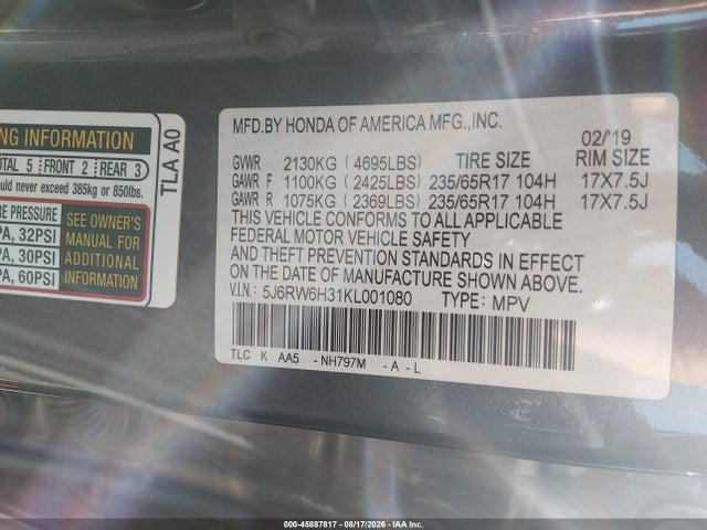 Продаж на аукціоні авто 2019 Honda Cr-v Lx, vin: 5J6RW6H31KL001080, номер лоту: 45887817