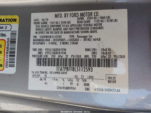 Продаж на аукціоні авто 2020 Ford Mustang Gt Premium, vin: 1FATP8FF8L5112593, номер лоту: 45887819