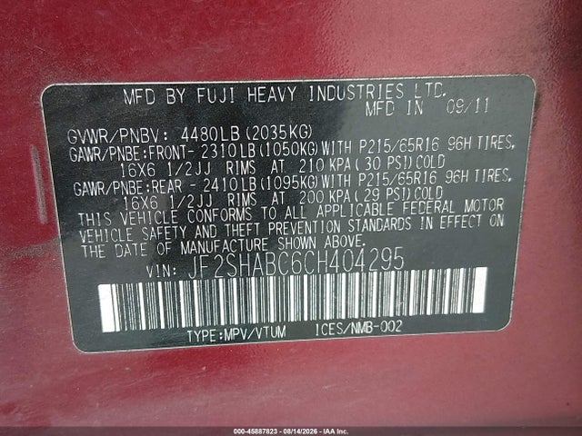 Продажа на аукционе авто 2012 Subaru Forester 2.5x, vin: JF2SHABC6CH404295, номер лота: 45887823