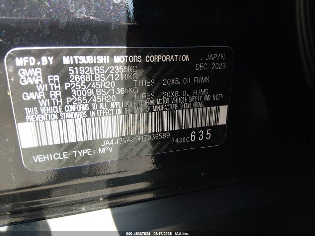 45887824 :رقم المزاد ، JA4J3VA89RZ036589 vin ، 2024 Mitsubishi Outlander Se 2.5 2wd/se Black Edition S-awc/se Black Edition W/pano Roof S-awc مزاد بيع