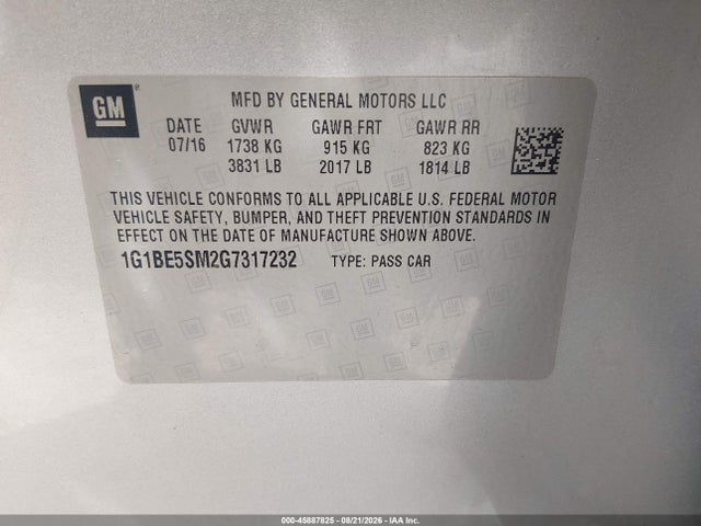 Продаж на аукціоні авто 2016 Chevrolet Cruze Lt Auto, vin: 1G1BE5SM2G7317232, номер лоту: 45887825