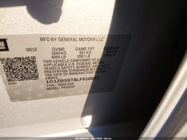 45887831 :رقم المزاد ، 1G1ZB5ST8LF016849 vin ، 2020 Chevrolet Malibu Fwd Ls مزاد بيع