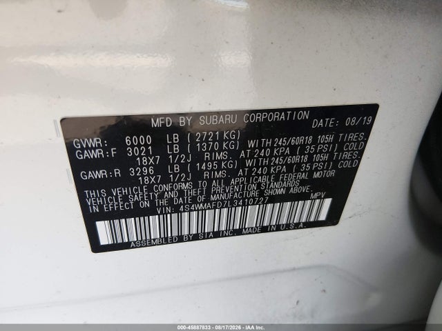 2020 Subaru Ascent Premium მანქანა იყიდება აუქციონზე, vin: 4S4WMAFD7L3410727, აუქციონის ნომერი: 45887833