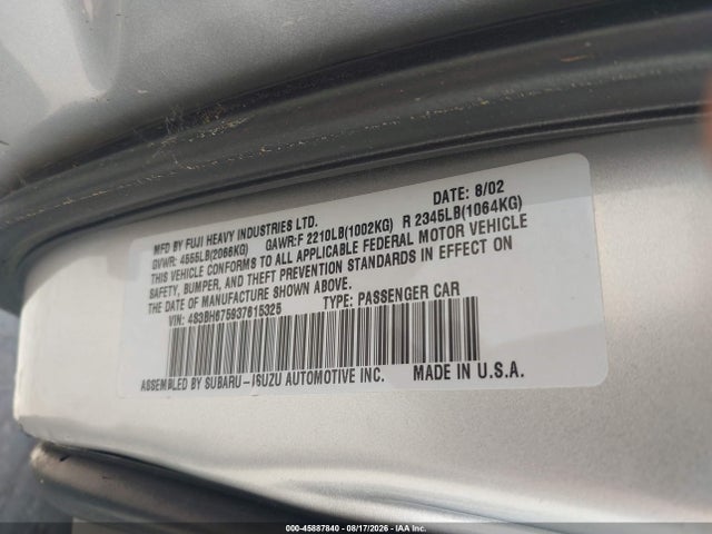 45887840 :رقم المزاد ، 4S3BH675937615325 vin ، 2003 Subaru Outback مزاد بيع