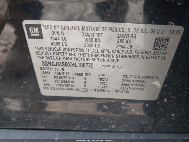 2017 Chevrolet Trax Premier მანქანა იყიდება აუქციონზე, vin: 3GNCJMSBXHL186779, აუქციონის ნომერი: 45887841