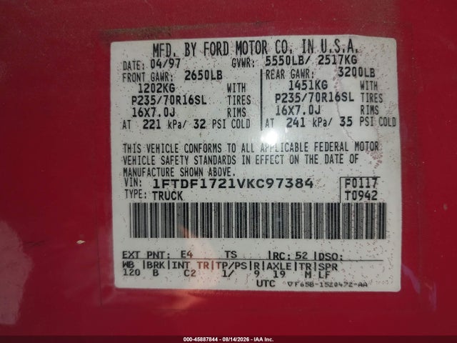 Aukcja sprzedaży 1997 Ford F-150 Standard Standard/xl/xlt, vin: 1FTDF1721VKC97384, numer aukcji: 45887844