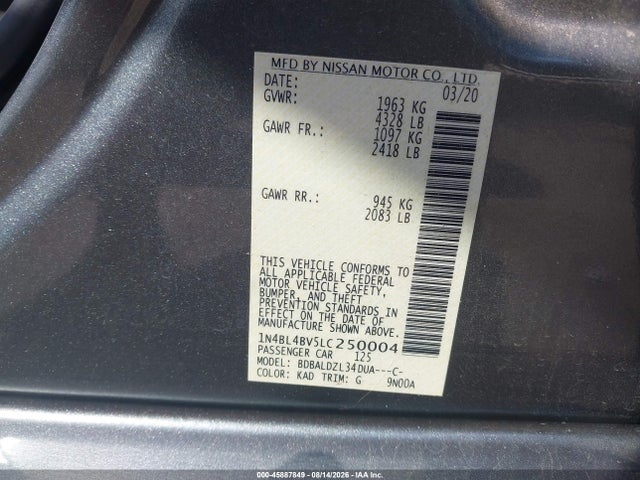 Продажа на аукционе авто 2020 Nissan Altima S Fwd, vin: 1N4BL4BV5LC250004, номер лота: 45887849
