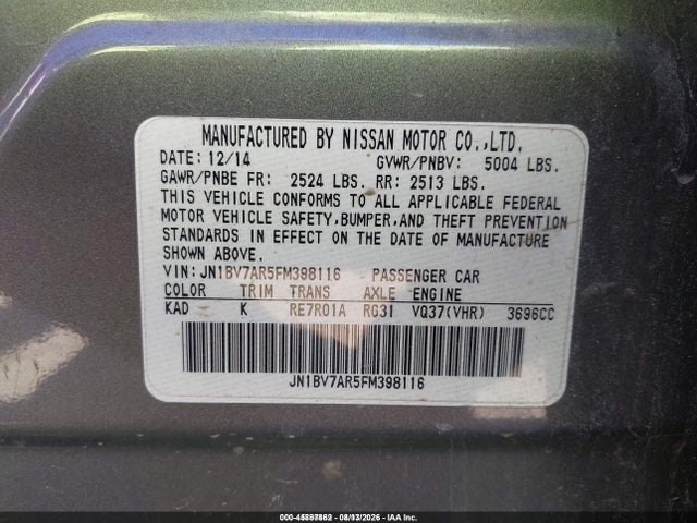 Auction sale of the 2015 Infiniti Q50 Premium, vin: JN1BV7AR5FM398116, lot number: 45887862