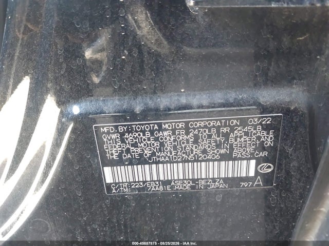 45887875 :رقم المزاد ، JTHAA1D27N5120406 vin ، 2022 Lexus Is 300 مزاد بيع