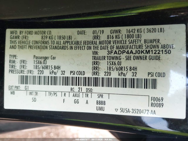 Aukcja sprzedaży 2019 Ford Fiesta S, vin: 3FADP4AJ0KM122150, numer aukcji: 45887877