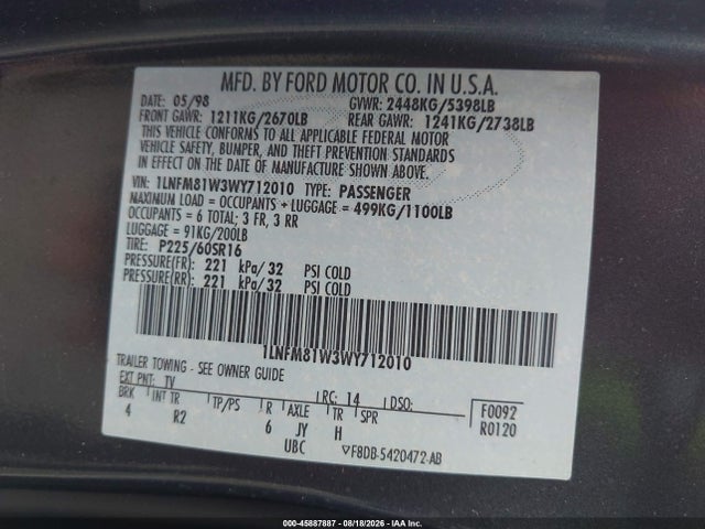 Aukcja sprzedaży 1998 Lincoln Town Car Executive, vin: 1LNFM81W3WY712010, numer aukcji: 45887887