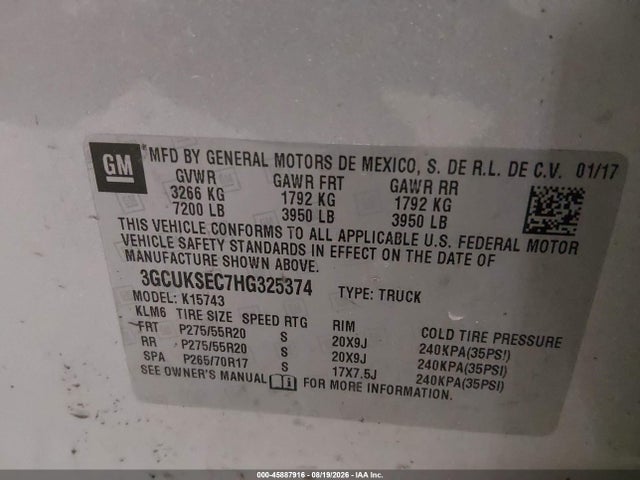 Продажа на аукционе авто 2017 Chevrolet Silverado 1500 Ltz, vin: 3GCUKSEC7HG325374, номер лота: 45887916