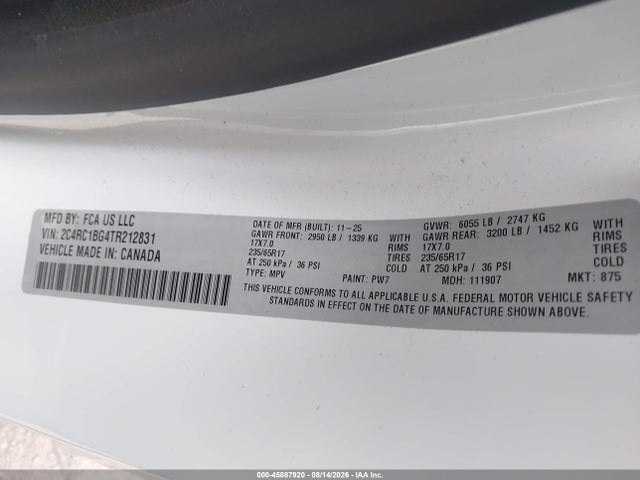Aukcja sprzedaży 2026 Chrysler Pacifica Select, vin: 2C4RC1BG4TR212831, numer aukcji: 45887920
