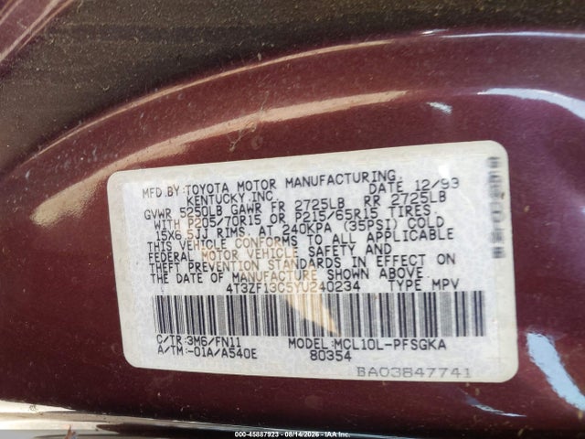 Продажа на аукционе авто 2000 Toyota Sienna Le, vin: 4T3ZF13C5YU240234, номер лота: 45887923