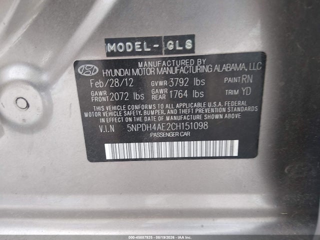 Aukcja sprzedaży 2012 Hyundai Elantra Gls, vin: 5NPDH4AE2CH151098, numer aukcji: 45887925