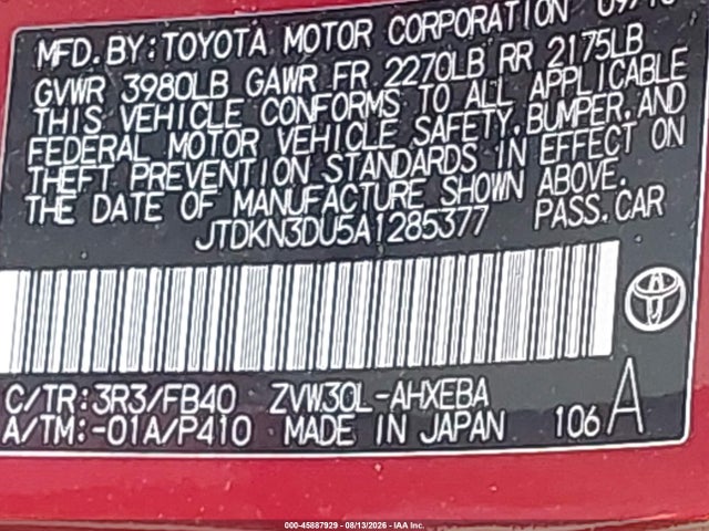 45887929 :رقم المزاد ، JTDKN3DU5A1285377 vin ، 2010 Toyota Prius Ii مزاد بيع