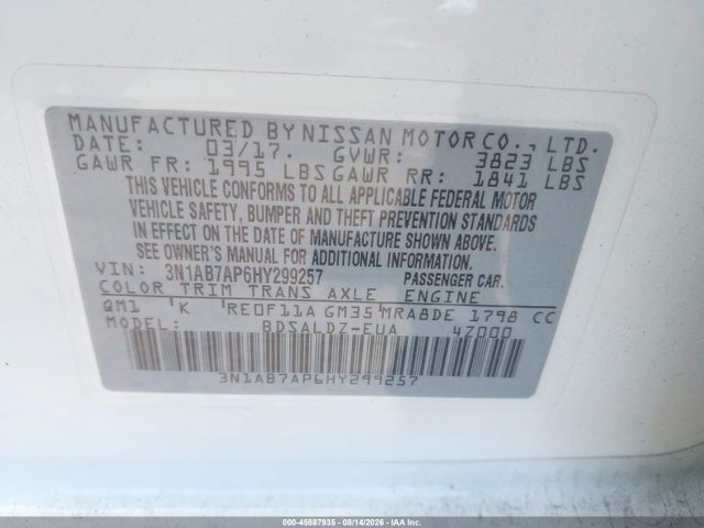 2017 Nissan Sentra Sv მანქანა იყიდება აუქციონზე, vin: 3N1AB7AP6HY299257, აუქციონის ნომერი: 45887935