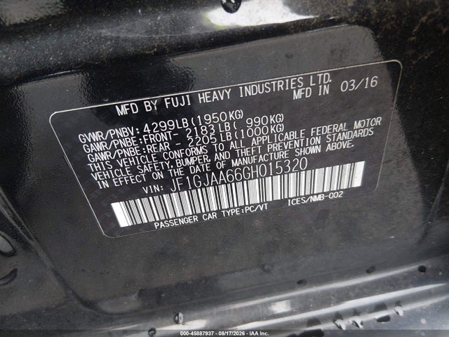 45887937 :رقم المزاد ، JF1GJAA66GH015320 vin ، 2016 Subaru Impreza 2.0i مزاد بيع