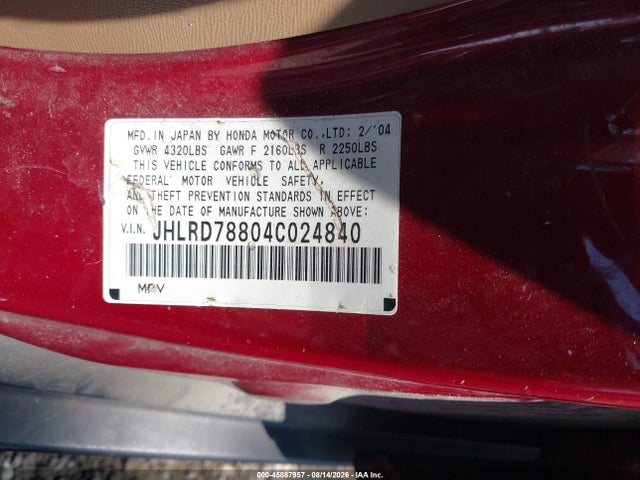 45887957 :رقم المزاد ، JHLRD78804C024840 vin ، 2004 Honda Cr-v Ex مزاد بيع