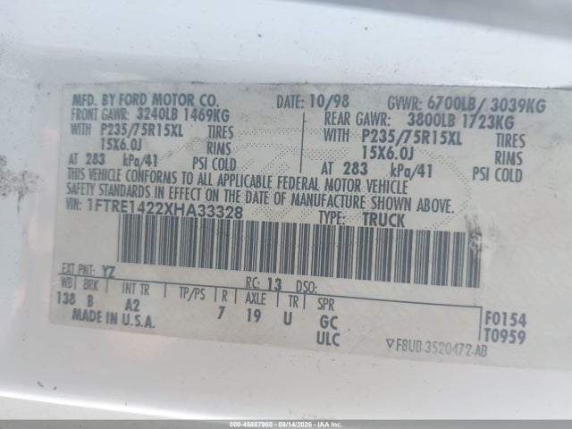 Продажа на аукционе авто 1999 Ford E-150 Commercial/recreational, vin: 1FTRE1422XHA33328, номер лота: 45887960