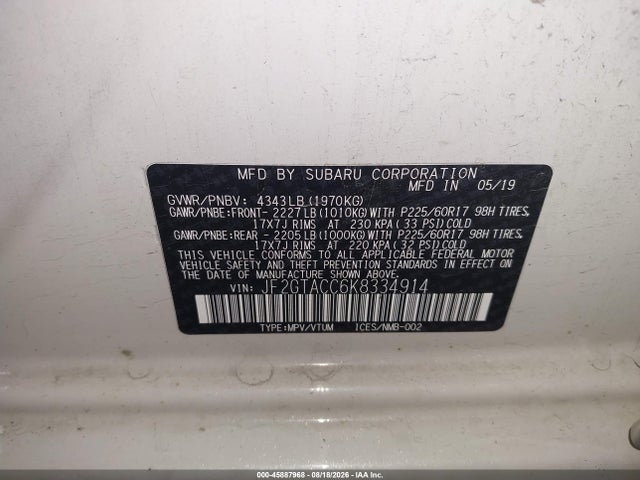 Aukcja sprzedaży 2019 Subaru Crosstrek 2.0i Premium, vin: JF2GTACC6K8334914, numer aukcji: 45887968