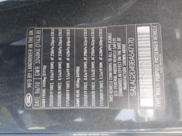 2011 Land Rover Lr4 მანქანა იყიდება აუქციონზე, vin: SALAG2D49BA547170, აუქციონის ნომერი: 45887969