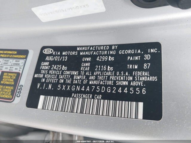 Auction sale of the 2013 Kia Optima Ex, vin: 5XXGN4A75DG244556, lot number: 45887981