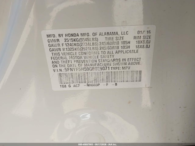 Продаж на аукціоні авто 2016 Honda Pilot Ex-l, vin: 5FNYF5H59GB029071, номер лоту: 45887983