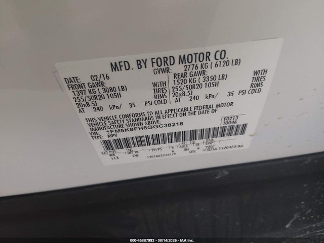 45887992 :رقم المزاد ، 1FM5K8FH8GGC38218 vin ، 2016 Ford Explorer Limited مزاد بيع