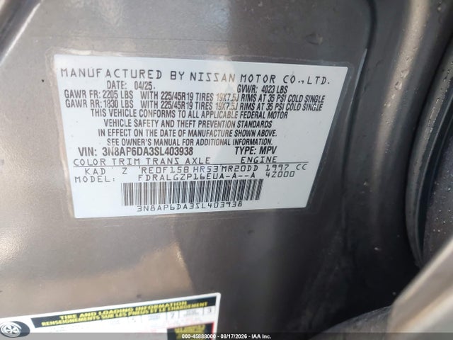 Aukcja sprzedaży 2025 Nissan Kicks Sr Fwd, vin: 3N8AP6DA3SL403938, numer aukcji: 45888000