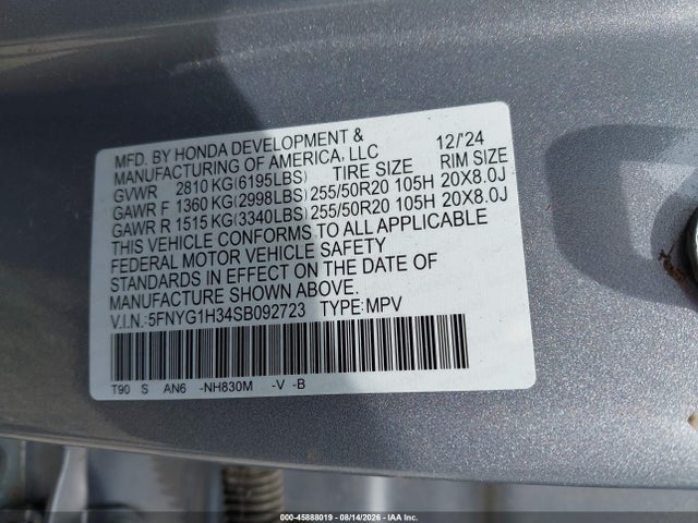 2025 Honda Pilot Sport მანქანა იყიდება აუქციონზე, vin: 5FNYG1H34SB092723, აუქციონის ნომერი: 45888019
