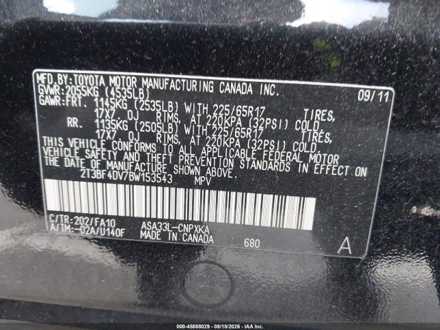 Aukcja sprzedaży 2011 Toyota Rav4, vin: 2T3BF4DV7BW153543, numer aukcji: 45888029