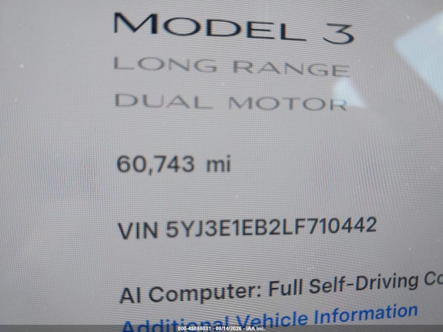 Aukcja sprzedaży 2020 Tesla Model 3 Long Range Dual Motor All-wheel Drive, vin: 5YJ3E1EB2LF710442, numer aukcji: 45888031