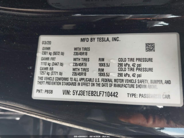 Aukcja sprzedaży 2020 Tesla Model 3 Long Range Dual Motor All-wheel Drive, vin: 5YJ3E1EB2LF710442, numer aukcji: 45888031