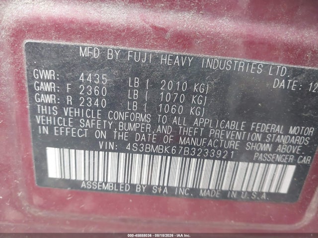 Продажа на аукционе авто 2011 Subaru Legacy 2.5i Limited, vin: 4S3BMBK67B3233921, номер лота: 45888036