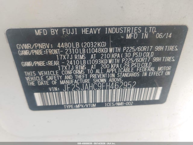 45888039 :رقم المزاد ، JF2SJAHC9FH462952 vin ، 2015 Subaru Forester 2.5i Limited مزاد بيع