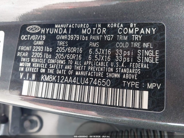 Aukcja sprzedaży 2020 Hyundai Kona Se, vin: KM8K12AA4LU474650, numer aukcji: 45888042