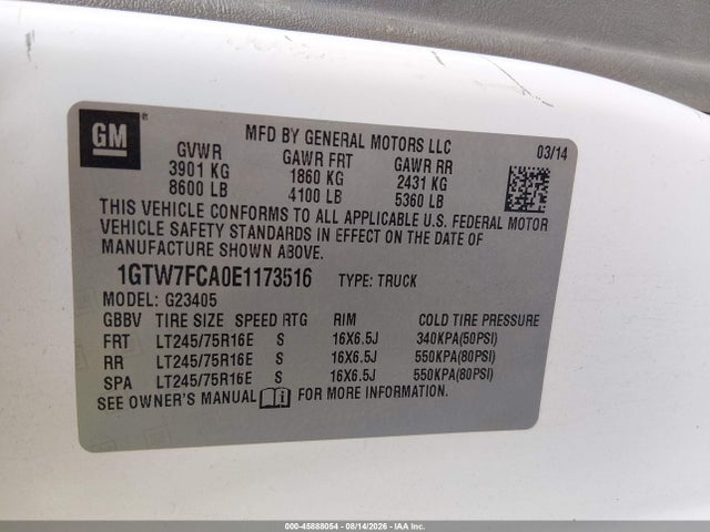 45888054 :رقم المزاد ، 1GTW7FCA0E1173516 vin ، 2014 Gmc Savana 2500 Work Van مزاد بيع
