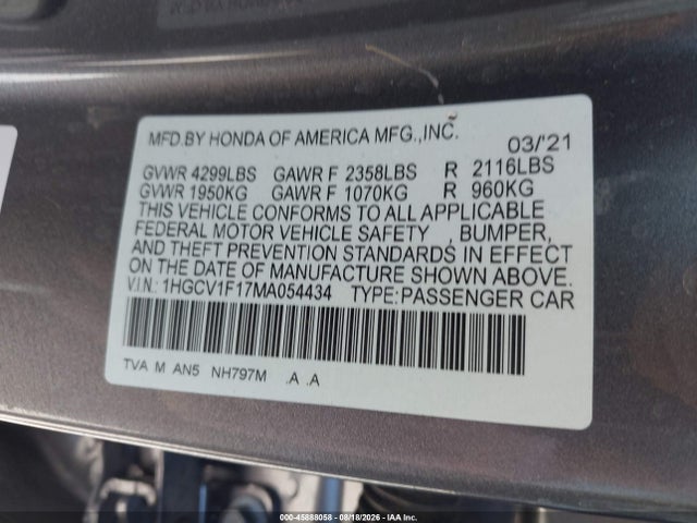 Honda ACCORD LX 2021 1HGCV1F17MA054434 Image 9