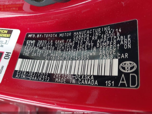 Aukcja sprzedaży 2014 Toyota Corolla S Plus, vin: 2T1BURHE3EC145905, numer aukcji: 45888067